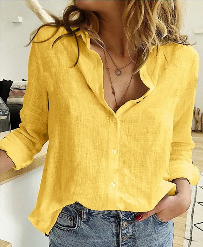 Elegant Cotton Linen Shirts Women Casual Solid Button Lapel Blouses Shirts Spring Summer Long Sleeve Loose Tops Tunic Blusas  Amaijoin