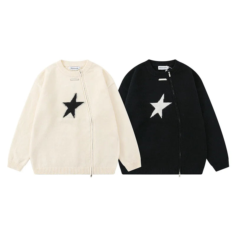 7073 Autumn Winter Chic Zipper Star Round Neck Knitting Pullovers For Men And Women Couple Ins Trendy Casual Loose Knitwear Tops  Amaijoin