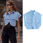 Load image into Gallery viewer, TRAF Women Blouse Cropped Shirt Blue White Button Crop Shirt Elegant   Short sleeve Crop top Woman Office outfits Shirts Top  Amaijoin
