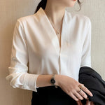 Load image into Gallery viewer, 2023 Autumn Long Sleeve White Shirt Women Korean Style V-neck Loose Tops Summer Office Lady Solid Chiffon Blouse Female 9382  Amaijoin
