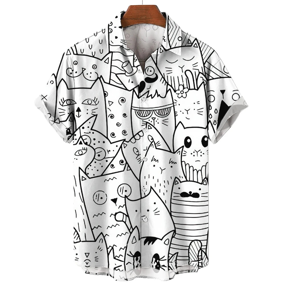 Men's Shirt Cute Cartoon Cat 3D Printed Casual Fashion Women Short Sleeves Shirts Button Lapel Tops Oversized Unisex Clothing  Amaijoin