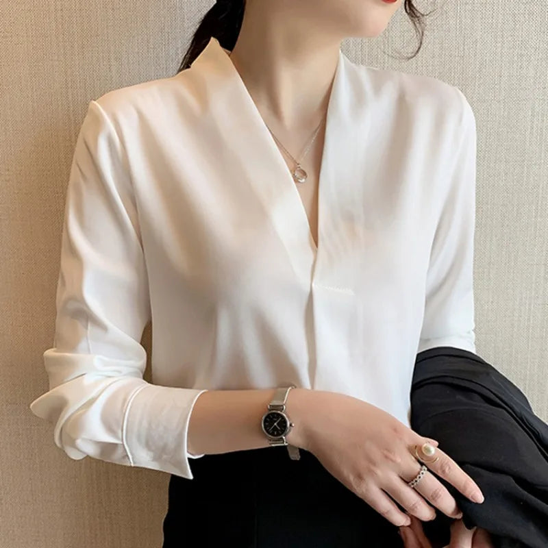 2023 Autumn Long Sleeve White Shirt Women Korean Style V-neck Loose Tops Summer Office Lady Solid Chiffon Blouse Female 9382  Amaijoin