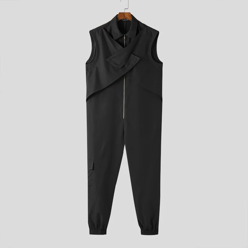 2024 Men Jumpsuits Solid Color Lapel Sleeveless Zipper Streetwear Casual Male Rompers Loose Fashion Cargo Overalls S-5XL INCERUN  Amaijoin