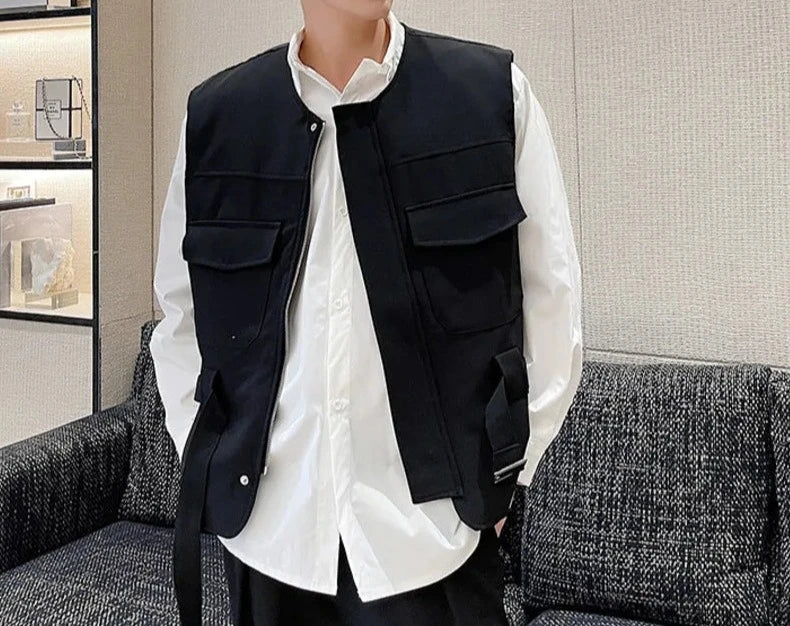 IEFB Men's Wear Korean Trendy Girdle Vest Male 2023 New Autumn Round Collar Sinel Breasted Sleeveless Clothing With Belt 9A0977  Amaijoin