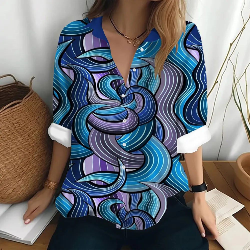 Autumn Women's Shirt Polo Collar Long Sleeve T-shirt Fashion Print Top Fashion Party Trend Women's Shirt Button Casual T-shirt  Amaijoin