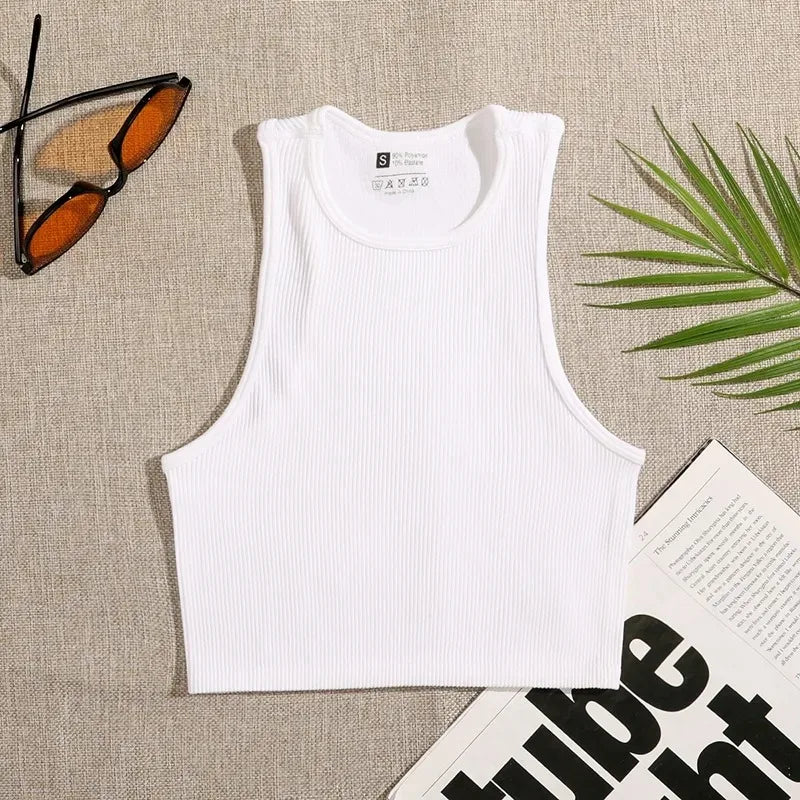 Crop Top Women Solid Basic T-shirts Vest Seamless Streetwear Elastic Rib-Knit Sleeveless Casual Tank Tops Female  Amaijoin