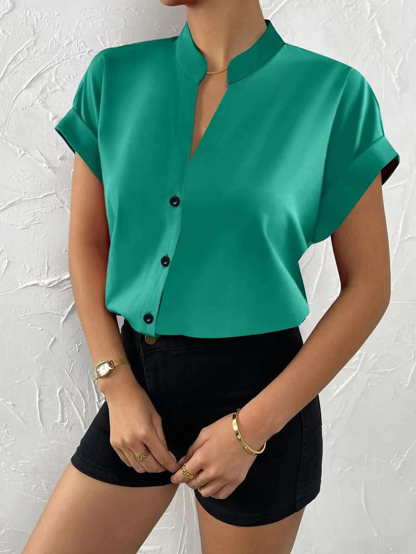 Summer Minimalist Women's V-neck Shirt 2023 Elegant Women's Satin Red Short Sleeved Single Breasted Casual Fitting Office Shirt  Amaijoin