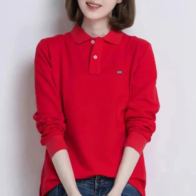 Women's  100% Cotton Long Sleeve Polo Shirts Femmes Lapel T Shirts Collar All-Season New T-shirt Workout Tops  Polo shirt  Amaijoin