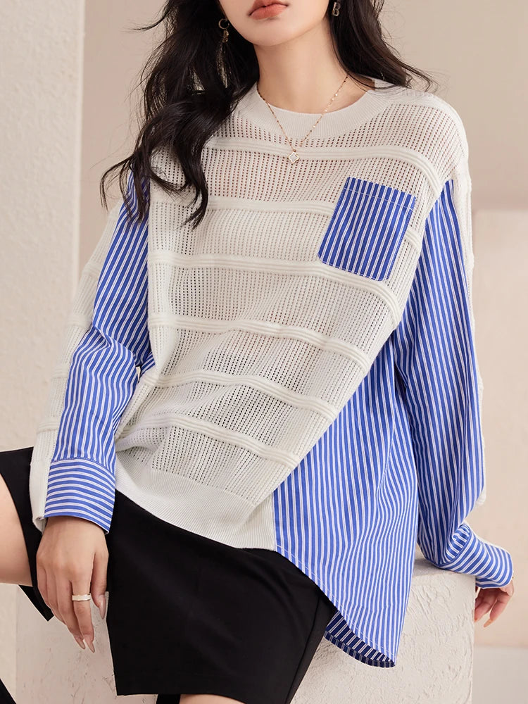 Stylish Hollow Out Knitted Patchwork Pullovers Women 2024 Fashion Oversized Striped Shirt Sweater Pocket Jumper Korean Style  Amaijoin