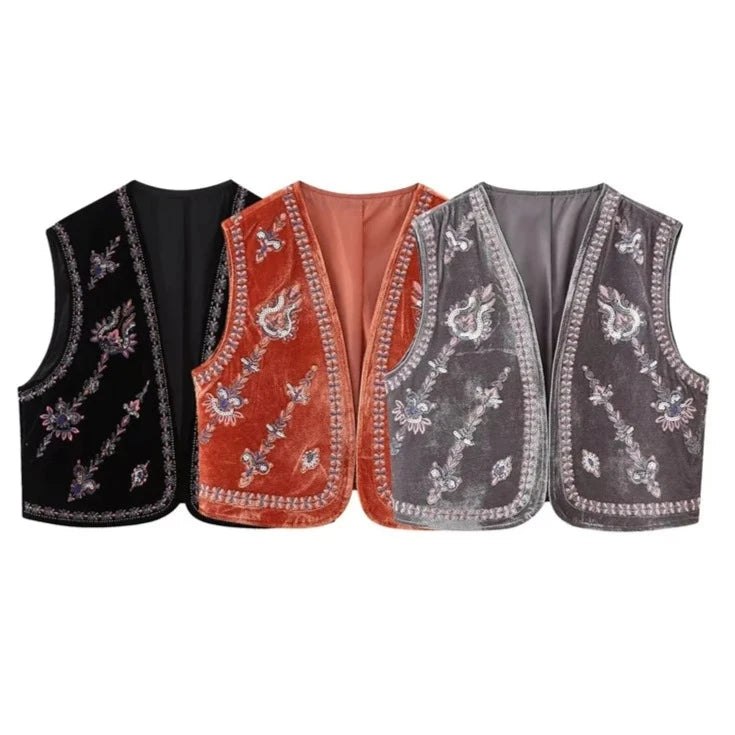 KAOPU ZA Women's Vintage beaded embroidered velvet vest top Jacket Women's casual spring vest coat  Amaijoin