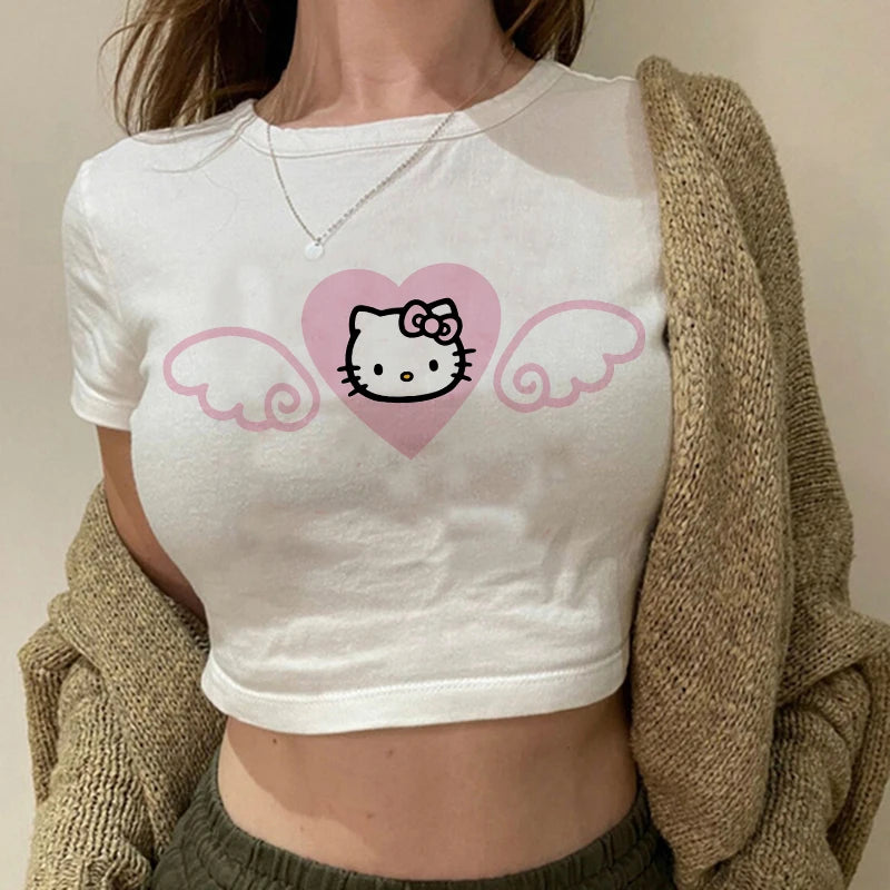 Tshirt Crop Top Hello Kitty T-shirt Kawaii T Shirt Sanrio Anime Cartoon Children Casual Clothes Y2k Cropped Tee Shirt Top  Amaijoin