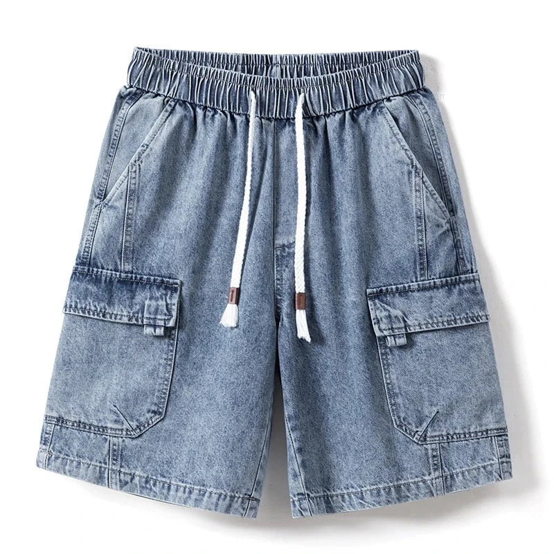 Summer New Men's Denim Shorts Elastic Waist Baggy Casual Knee-length Cargo Pants Fashion Korean Oversized Streetwear Blue Grey  Amaijoin