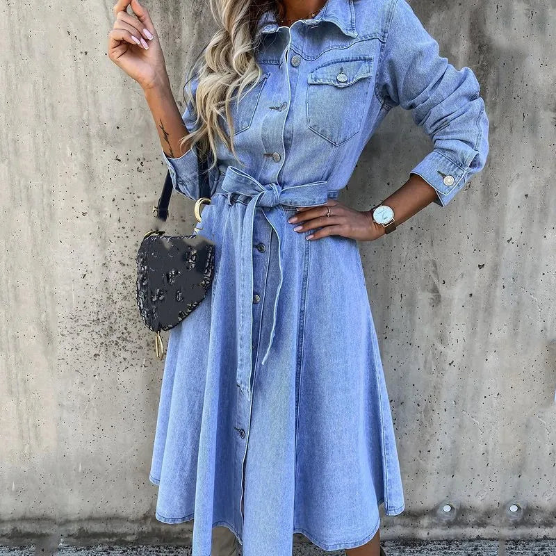 Casual Y2k Long Dress Women Denim Blue Summer Loose Dresses High Waist V-neck Elegant Loose Maxi Work Spring Summer Vestidos  Amaijoin