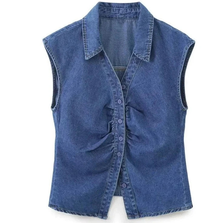 Summer Blue Denim Folds Shirts Women Sleeveless Fashion Single Breasted Tops Blouses  Amaijoin