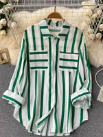 Load image into Gallery viewer, Fashion Woman Blouse 2023 Medium Length Vertical Stripe Shirt Jacket for Women&#39;s Korean Casual Loose Fitting Elegant Top  Amaijoin
