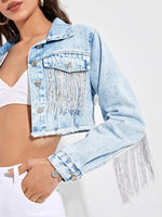 Load image into Gallery viewer, Women&#39;s Fringe Jacket Tassel Cropped Denim Jacket Raw Hem Ripped Crop Jean Jackets  Amaijoin
