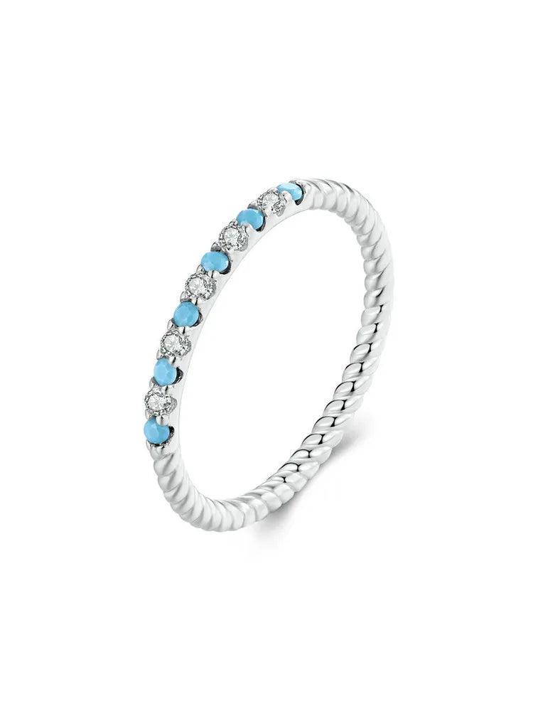 WOSTU Real 925 Sterling Silver Blue Turquoise White CZ Twist Band Ring For Women exquisite Round Wedding Rings Party Jewelry  Amaijoin