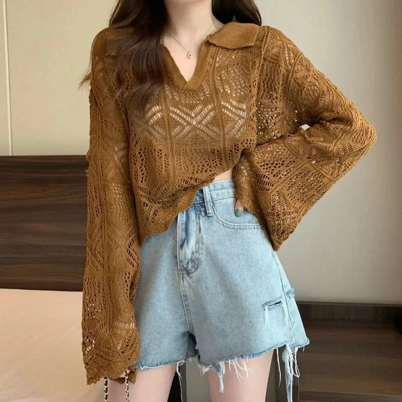 Thin Hollow Out Pullover Polo Collar Sunscreen Blouse Long-sleeved Knitwear Women's Outfit Korean Fashion Loose Casual Y2k Tops  Amaijoin