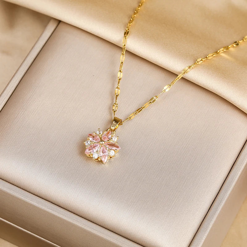 New Cute Romantic Pink Sakura Pendant Stainless Steel Necklaces For Women Korean Fashion Female Sexy Clavicle Chain Jewelry Gift  Amaijoin