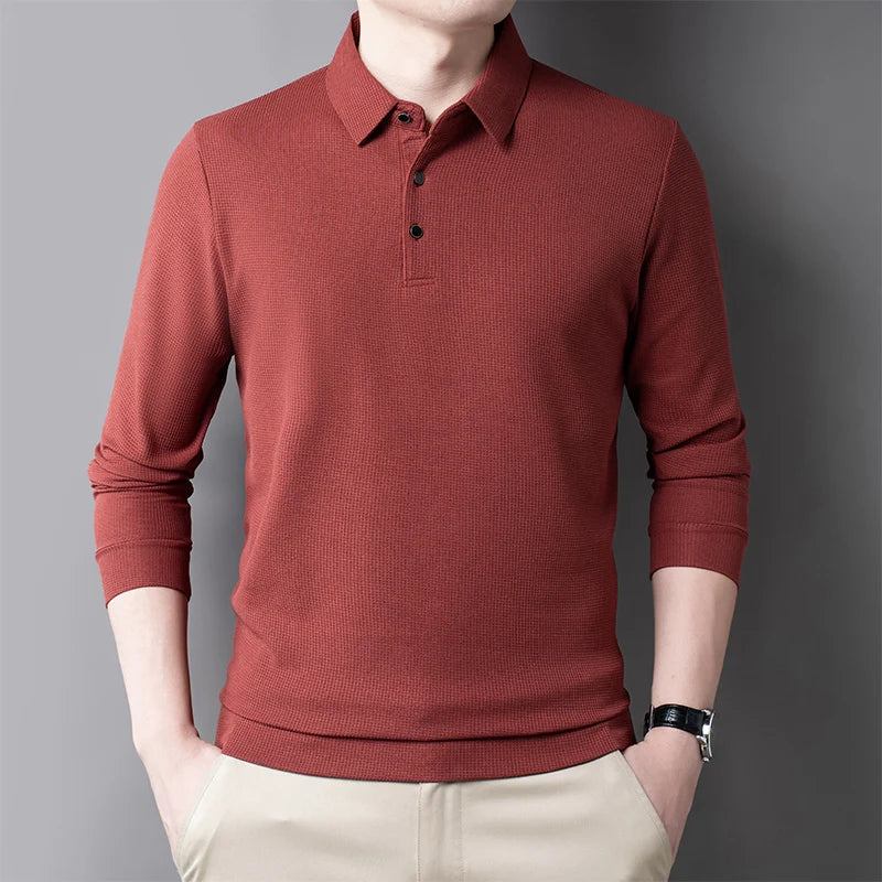 Men's Casual Waffle Polo T-shirt Breathable Comfortable Fashion Long Sleeve T-shirt  Amaijoin