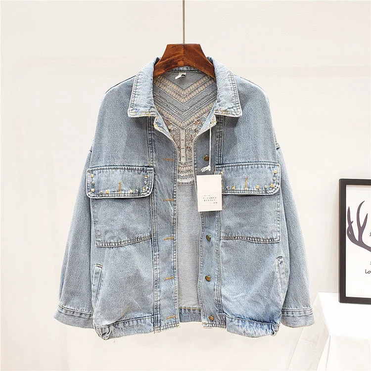 Denim Jacket Korean Floral Embroidery Suede Fringe Loose Chaquetas Mujer Coat Long Sleeve Outerwear Women Veste Femme  Amaijoin