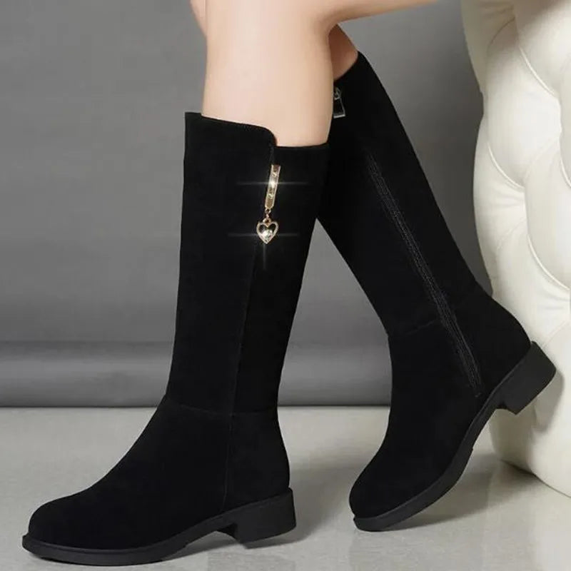 2023 New Women Warm Snow Plush Boots Snow Casual Flat All-match Cotton Fashion Side Zipper Winter Shoes Thigh High Boot Black  Amaijoin