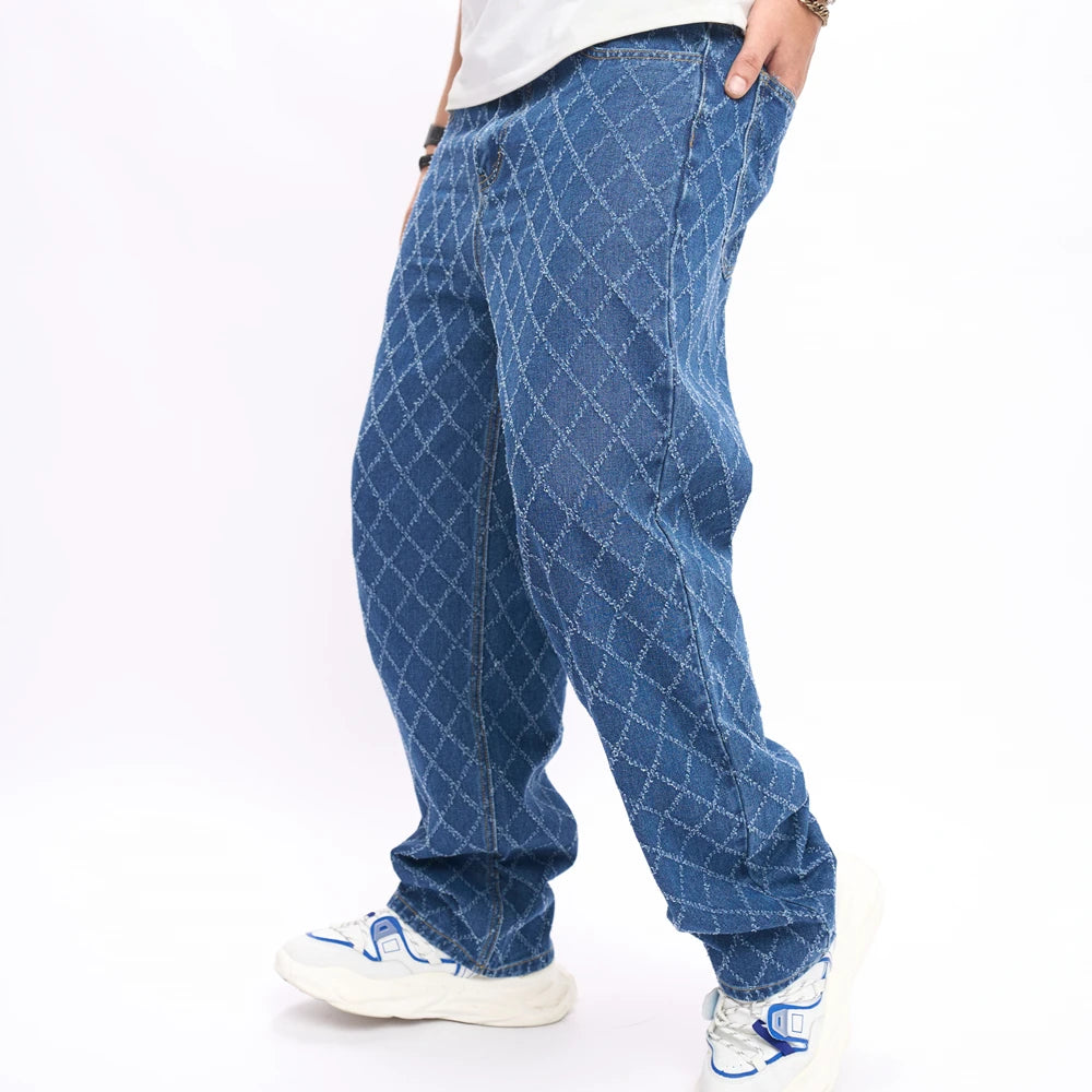 2023 Men Stylish Plaid Loose Straight Jeans Trousers Male High Quality Casual Denim Pants  Amaijoin