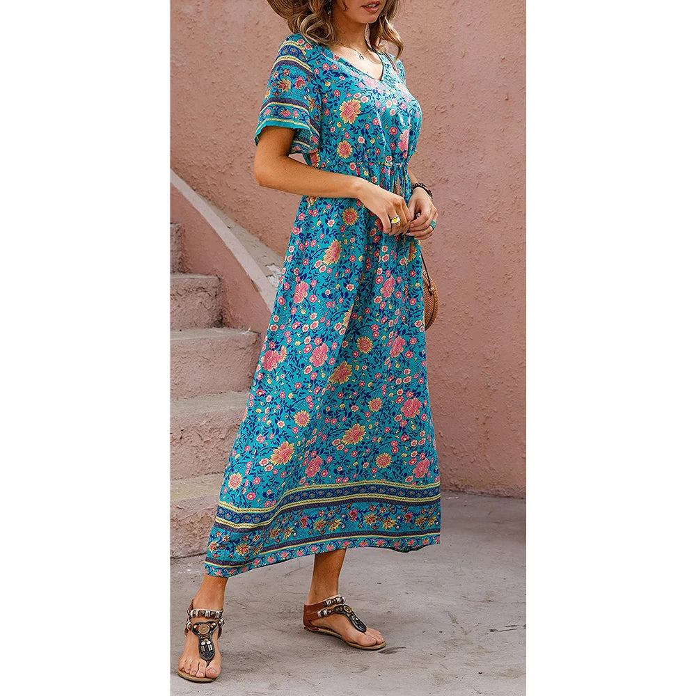 Bohemian V-Neck Floral Print Dresses Women Summer Casual Short Sleeve Midi Dress Beach Boho Elegant Fashion Long Skirts Female  Amaijoin