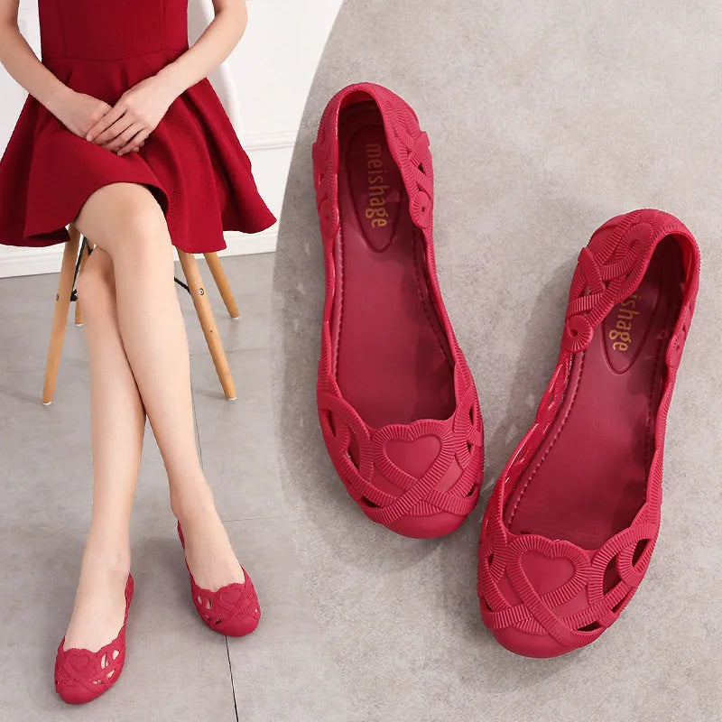 red/black jelly shoes woman round toe cutout flats anti-slip transparent pvc beach shoes female summer slip on loafers 2023  Amaijoin