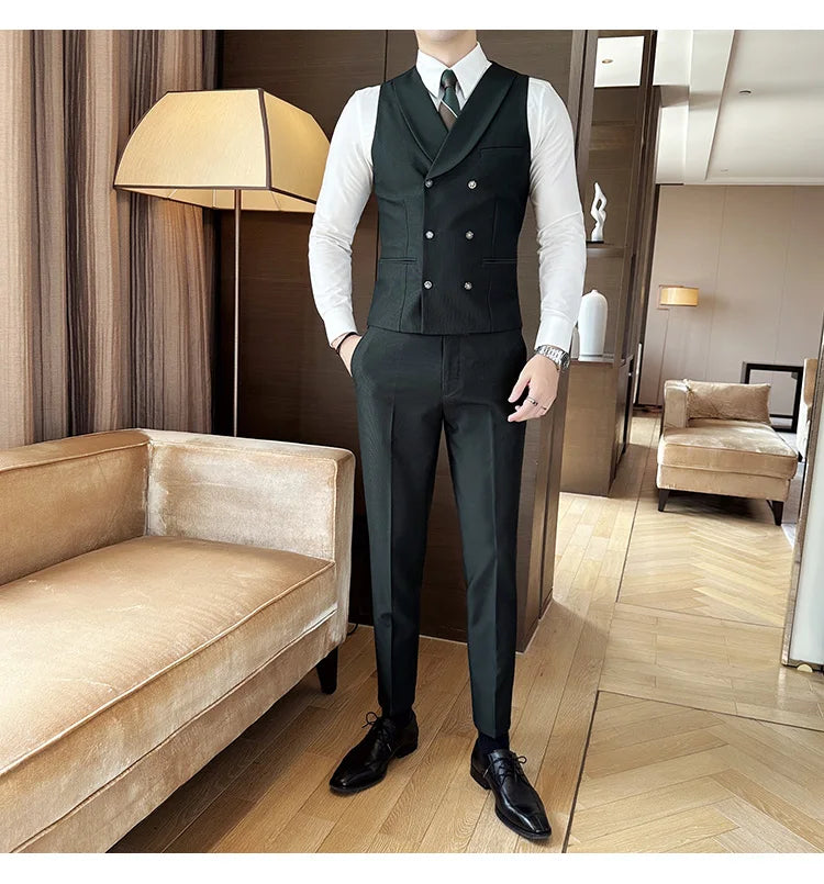 High Quality Double-Breasted Solid Mens Vest Coat Korean Style Business Slim Fit Male Waistcoat Groom Wedding Dress Suit Vests  Amaijoin