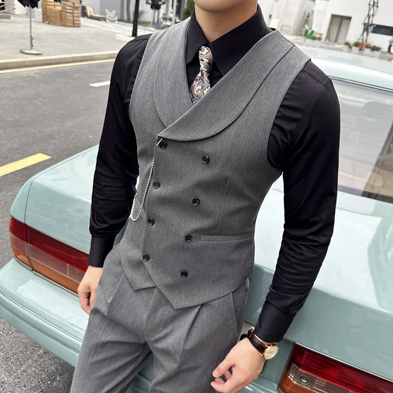 High Quality Autumn Double Breasted Suit Vest Men Business Formal Sleeveless Vest Slim Fit Wedding Groom Banquet Party Waistcoat  Amaijoin