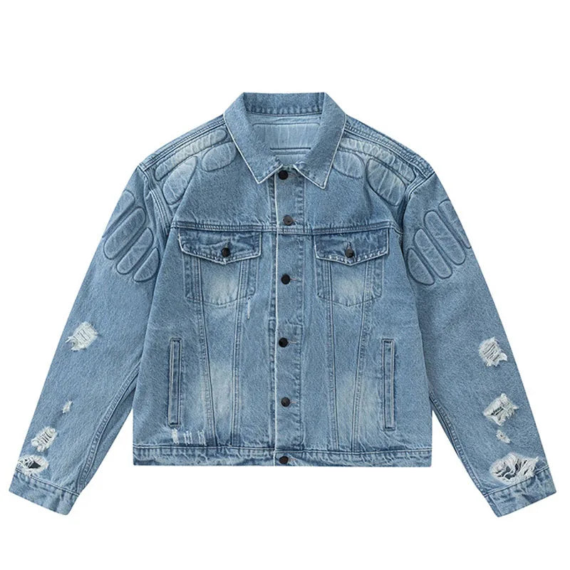 Retro Convex Turtle Shell Denim Jacket Men Hip Hop Ripped Hole Loose Harajuku Bomber Coats Cropped Street Autumn Jeans Outwear  Amaijoin