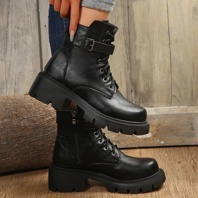 Belt Buckle Platform Combat Boots Women Chunky Heels Lace Up Ankle Boots Woman Side Zipper PU Leather Short Booties Plus Size 43  Amaijoin