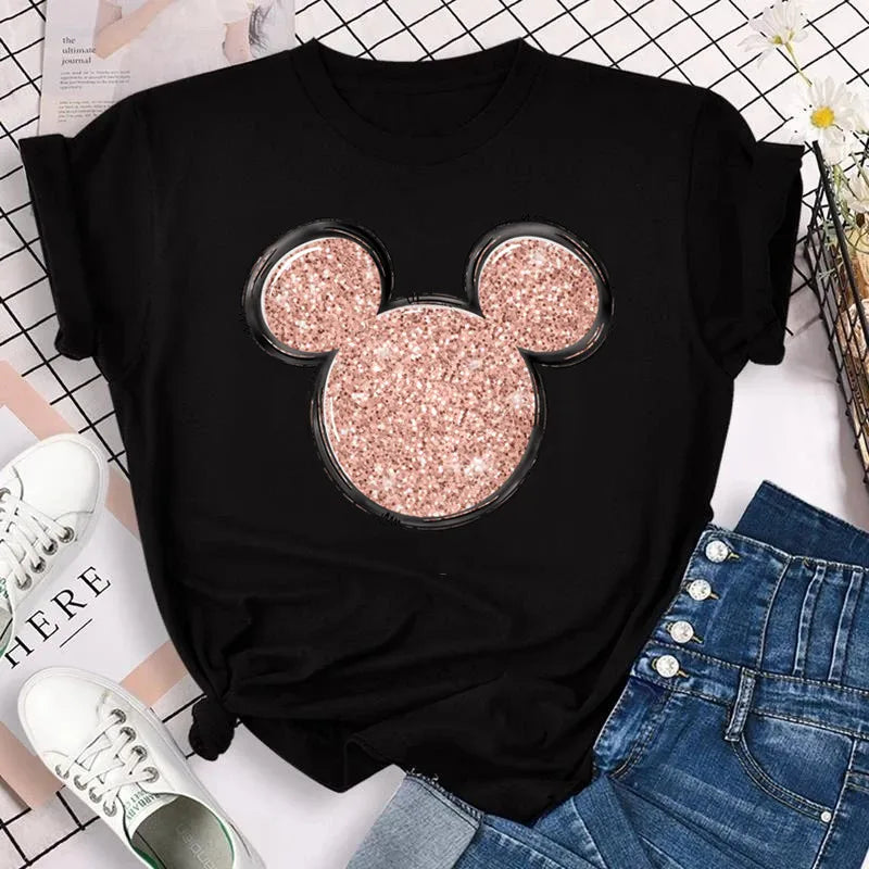 New T-shirts for Women Fashion Heart Minnie Print T Shirt Streetwear Clothes Kawaii Mickey Mouse Disney T Shirt Female Tops  Amaijoin