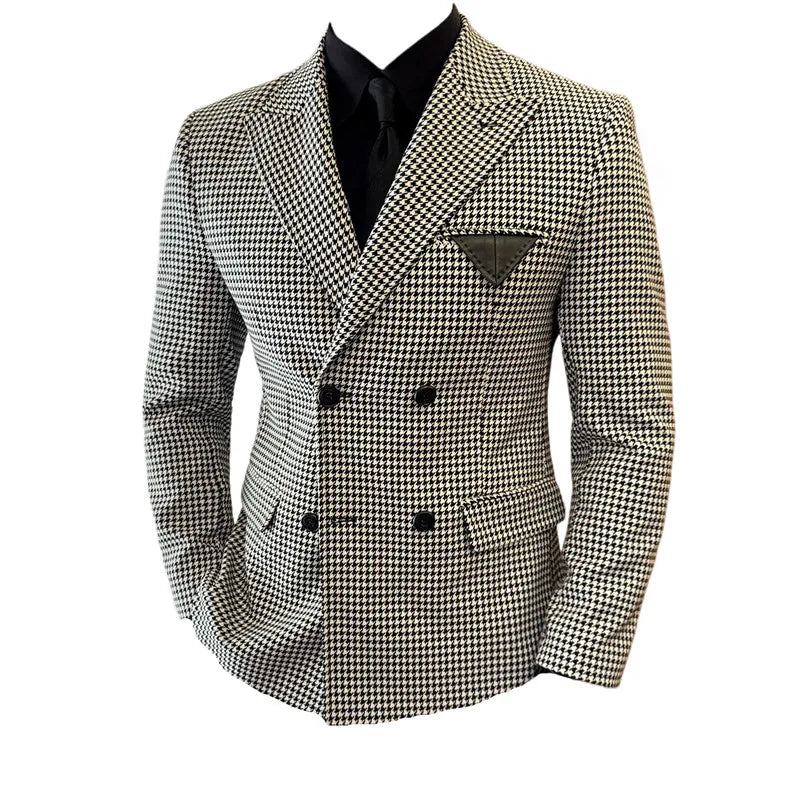 High Quality PU Splicing Blazers for Men Plaid Casual Business Suit Jackets Slim Fit Wedding Social Banquet Party Dress Coats  Amaijoin