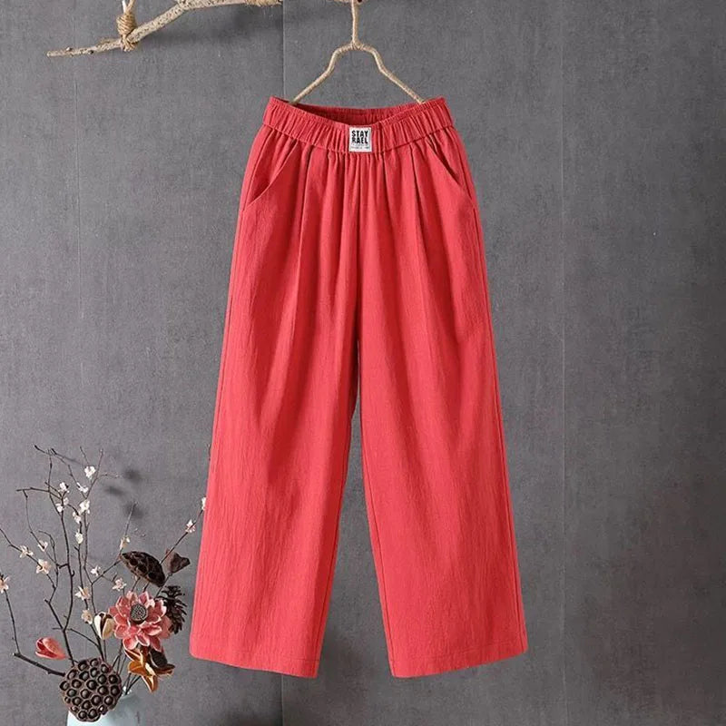 M-4xl Summer Elastic Waist Women's Pants Casual Solid Cotton Linen Ankle Length Pants Female 2023 High Quality Baggy Trousers  Amaijoin