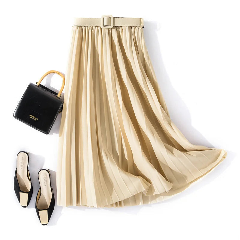 XFPV 2023 New Autumn Summer Fashion Solid Color High Waist Pleated A Line medium and long Skirt Women SM1983  Amaijoin