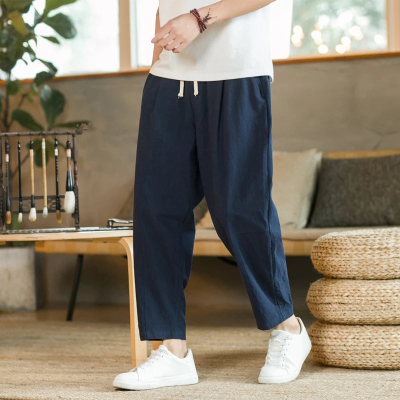 2023 Summer Men's Trousers Cotton Linen Fashion Casual Pants Solid Color Breathable Loose Shorts Straight Pants Streetwear M-5XL  Amaijoin