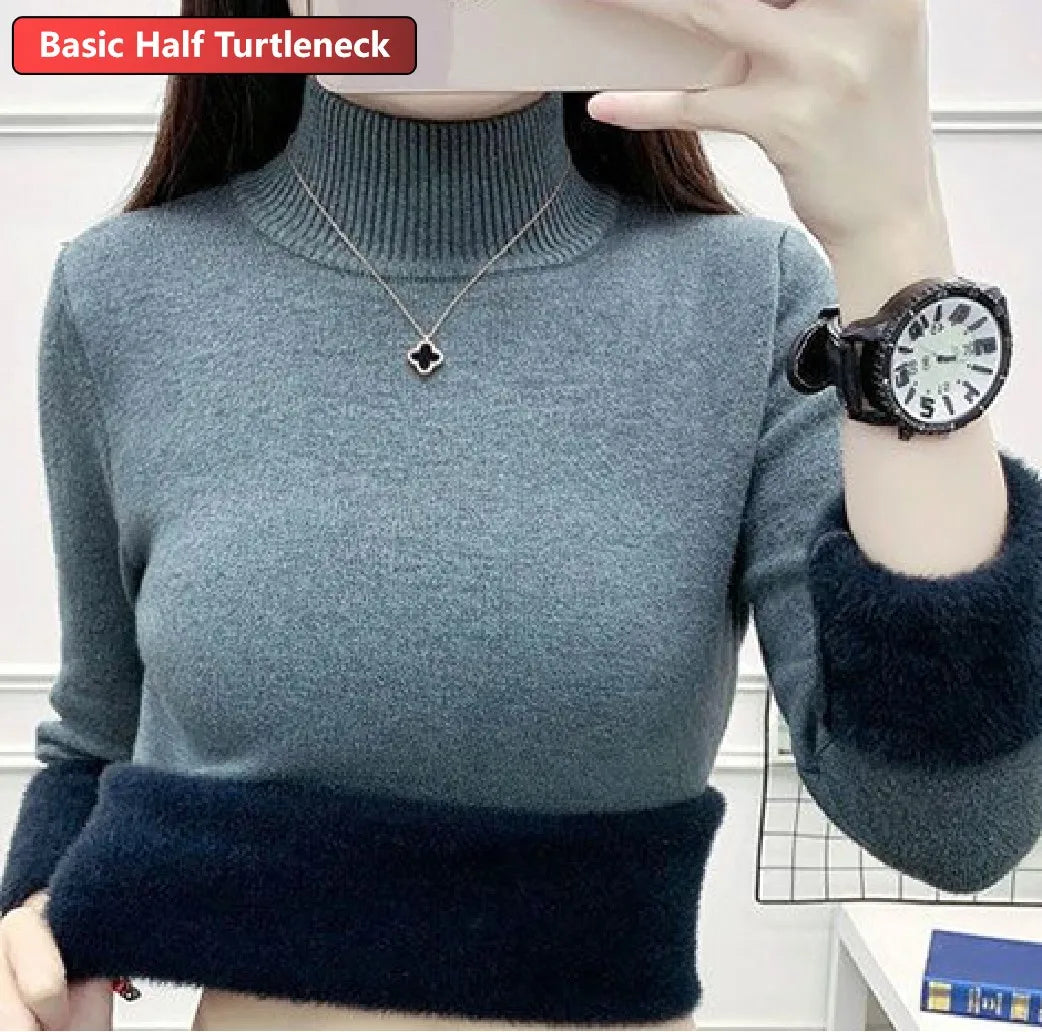 Turtleneck Winter Sweater Women Elegant Thicken Velvet Lined Warm Sueter Knitted Pullover Slim Tops Jersey Knitwear Jumper New  Amaijoin