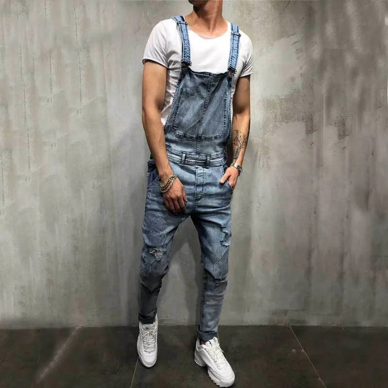 Men Stylish Slim Biker Jeans Bib Overalls Jumpsuits jeans Man Streetwear Casual Stretch Ripped Dungarees Male Strap Jeans  Amaijoin