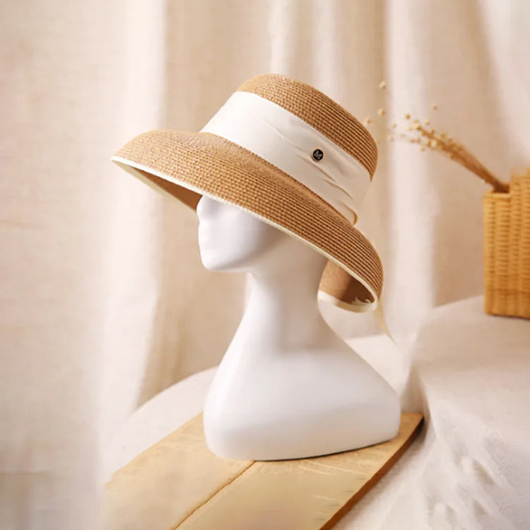 Hepburn bow ribbon sun hat women's straw hat Bucket hat color sunscreen sun hat beach hat wholesale  Amaijoin