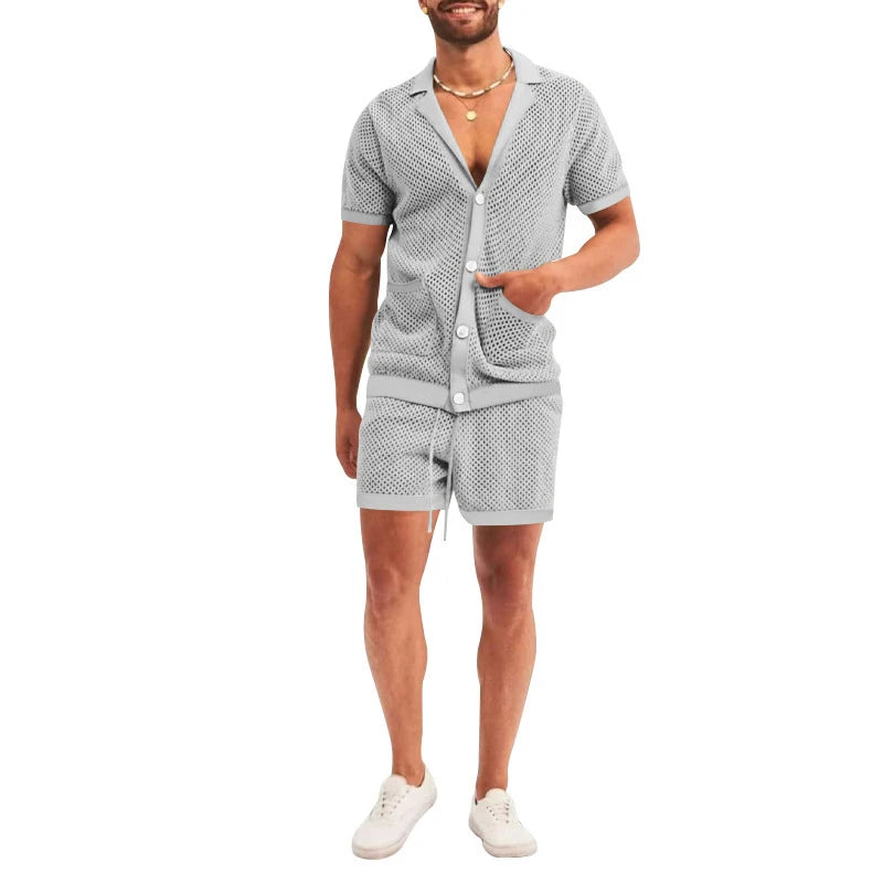 Sexy See Through Hollow Out Mesh Knit Two Piece Suits Men Summer Fashion Short Sleeve Shirts And Shorts Sets Mens Outfits Beach  Amaijoin