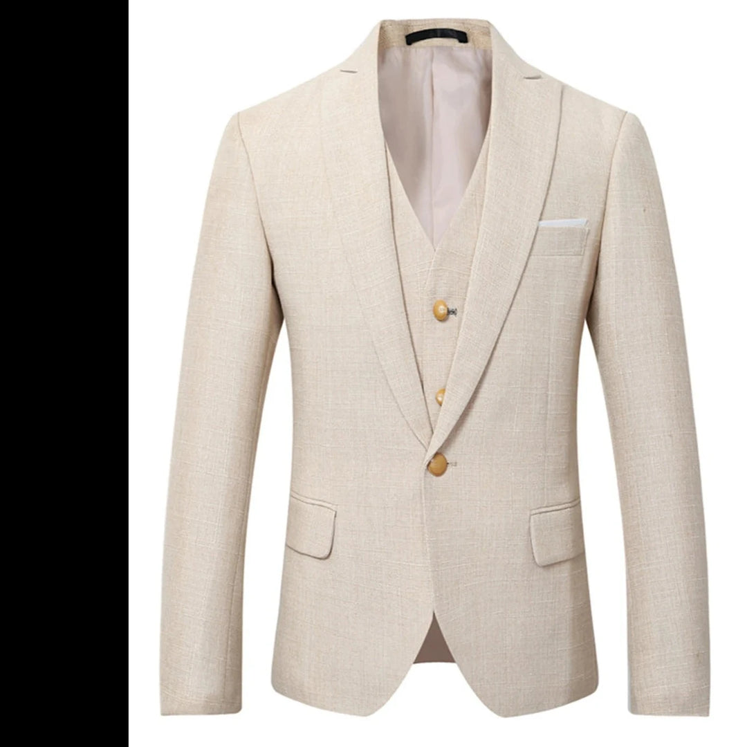 New Design Beige Linen Suit for Men 3 Pieces Formal Wedding Prom Set Slim Fit Jacket Best Man Groom Tuxedos Costume Homme  Amaijoin