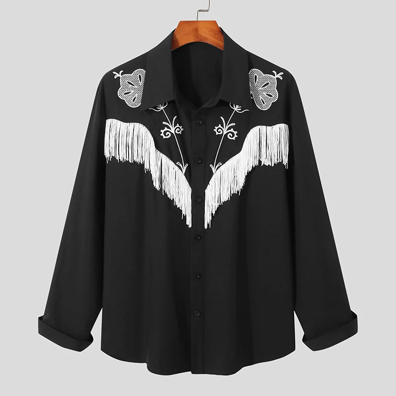 INCERUN 2023 Men Shirt Embroidered Tassel Patchwork Lapel Long Sleeve Fashion Camisa Streetwear Button Casual Men Clothing S-5XL  Amaijoin