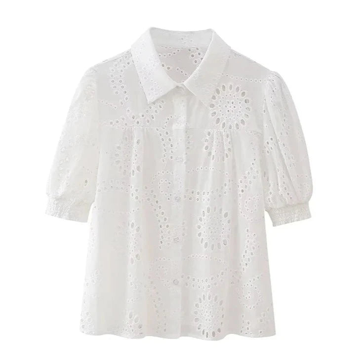 Zevity New Women Fashion Puff Sleeve Hollow Out Embroidery White Smock Blouse Female Chic Business Shirt Blusas Tops LS20249  Amaijoin