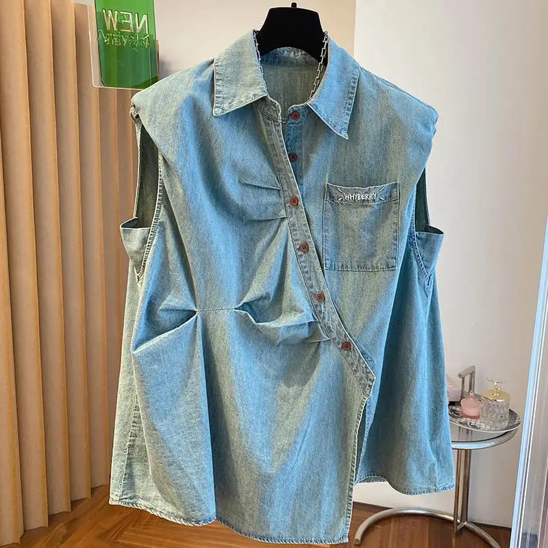 Women's Summer New Retro Patchwork Pocket Ruched Polo Collar Denim Vest Shirt Sleeveless Diagonal Button Solid Color Casual Tops  Amaijoin