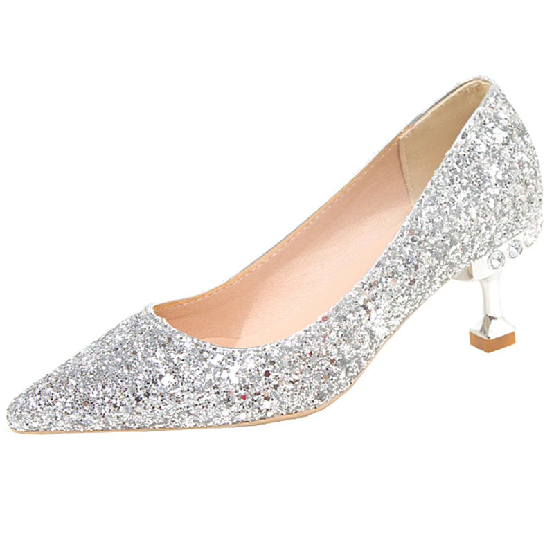 Lucyever Gold Silver Sequins Women Pumps 2022 Luxury Crystal High Heel Party Wedding Shoes Woman Elegant Pointed Toe Pumps Mujer  Amaijoin