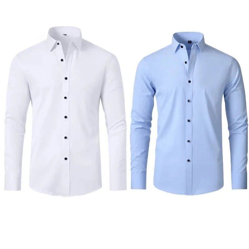 6xl New Spring and summer  elastic force non-iron men's long-sleeved business casual shirt solid color mercerized vertical shirt  Amaijoin