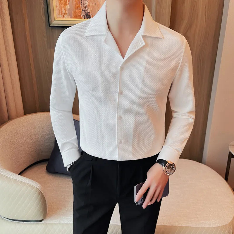 2024 Spring Summer V-neck Long Sleeved Shirt for Men's Business Casual Formal Dress Shirts Male Social Party Tuxedo Streetwear  Amaijoin