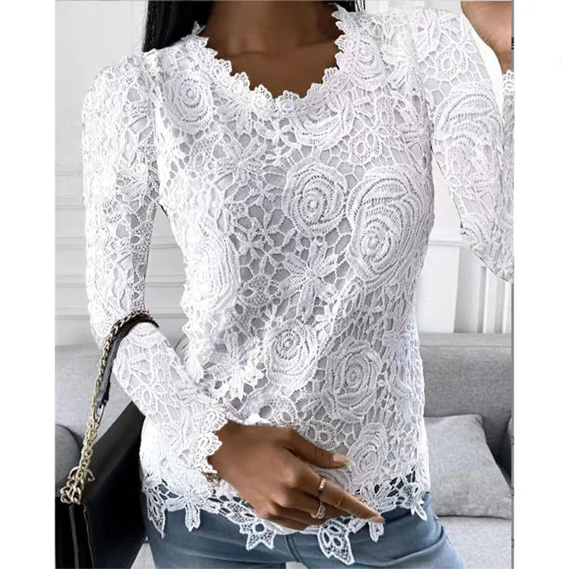 Summer Fashion Woman Pulovers Blouses Lace Hollow Out Long Sleeves Solid T-shirt Korean Style Star Girl Top Y2K  Amaijoin